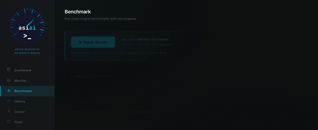 asiai Benchmark screen — one-click Quick Bench with live progress